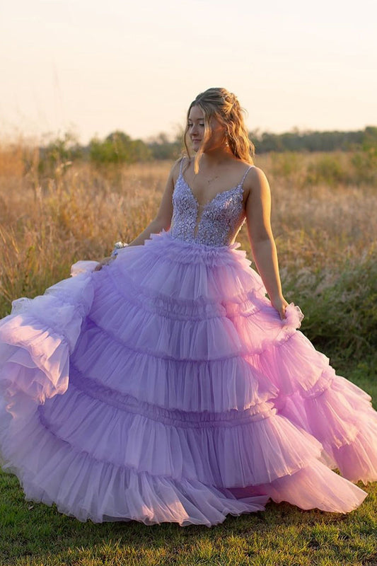 Liliana | Cute A-Line V-Neck Light Purple Tiered Tulle Long Prom Dress