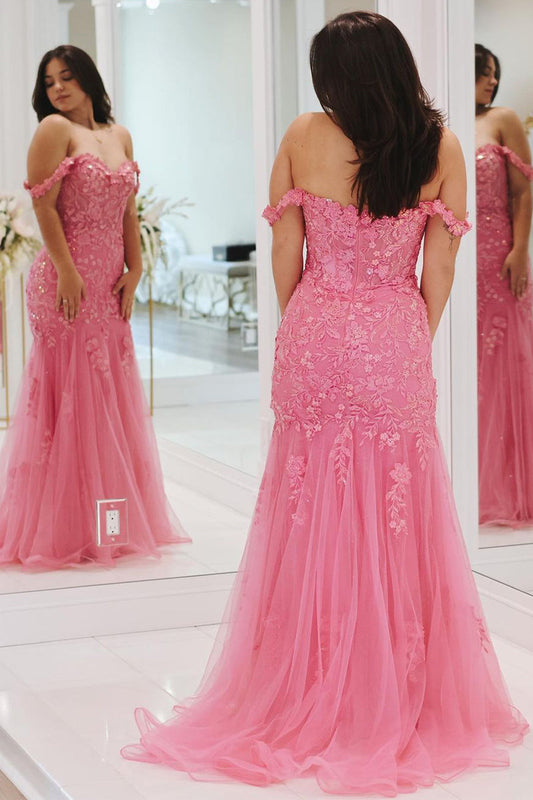 Suzanne | Off-the-Shoulder Pink Tulle Mermaid Prom Dress with Appliques