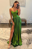 Oakley | Strapless A-Line Long Prom Dress in Green Metallic with Pleats