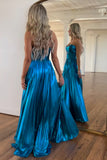 Selena | Sparkly A-Line Sweetheart Blue Pleat Satin Long Prom Dress with Slit