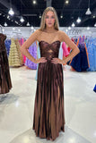 Isabella | Charming A-Line Sweetheart Brown Sparkly Satin Long Prom Dress with Slit