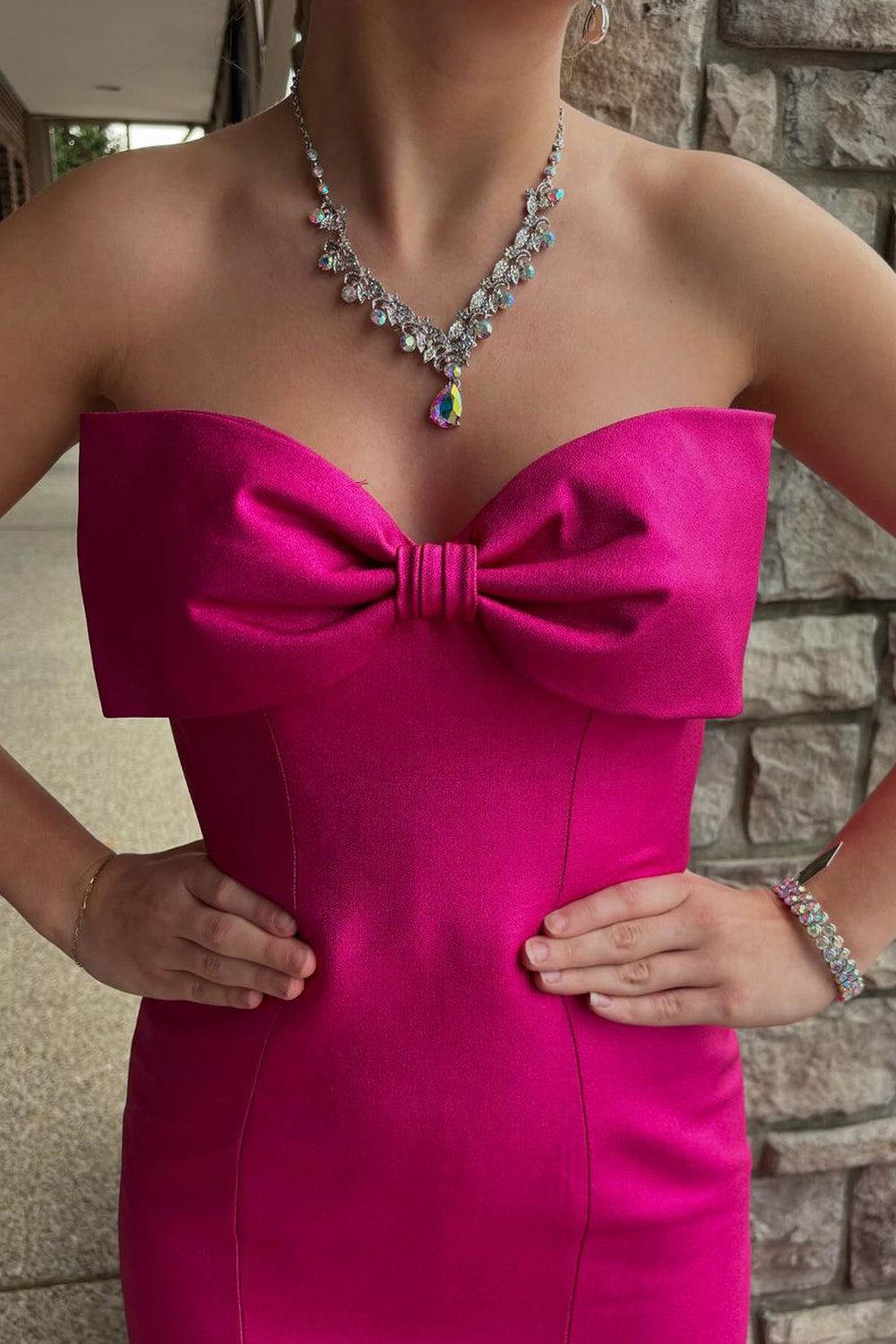 Cute Mermaid Sweetheart Fuchsia Satin Long Prom Dresses with Bow