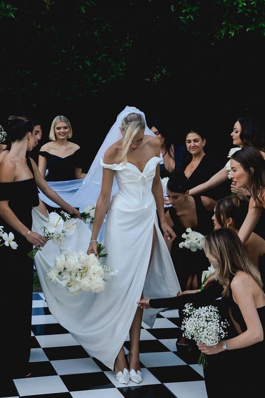 Simple Off-the-Shoulder A-Line White Satin Wedding Dress