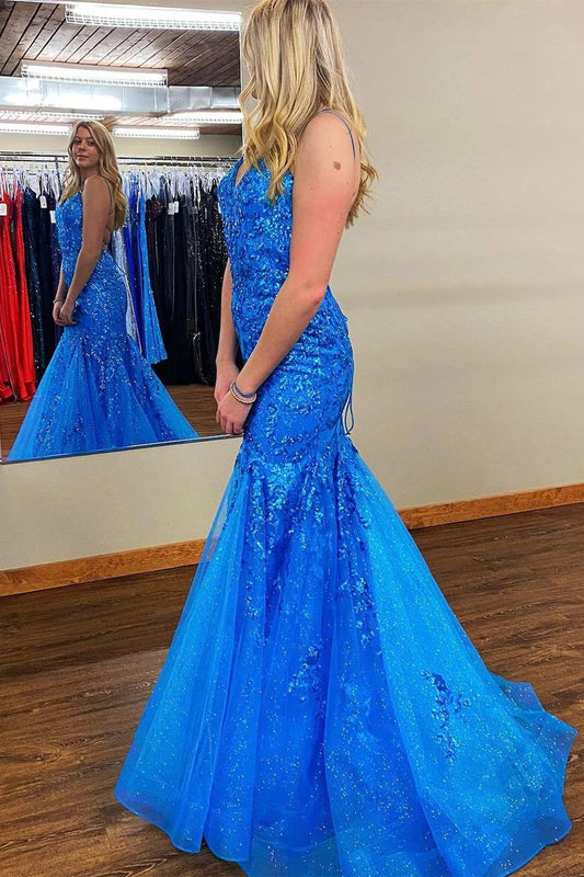 Isabella | Charming Mermaid V-Neck Royal Blue Sequins Long Prom Dress