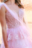 Seraphina | Fairy A-Line V-Neck Pink Tulle Long Prom Dress with Appliques