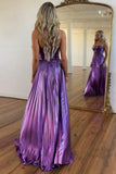 Lydia | Charming A-Line Sweetheart Purple Pleated Satin Prom Dress with Slit