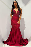 Elegant Mermaid V-Neck Red Satin Long Prom Dress with Beading