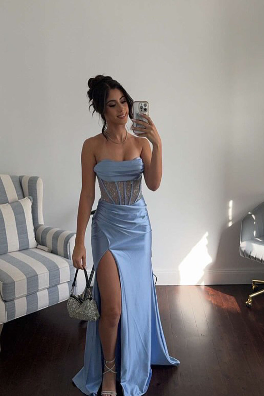 Ariana | Charming Mermaid Straps Light Blue Satin Long Prom Dress with Slit