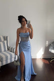 Ariana | Charming Mermaid Straps Light Blue Satin Long Prom Dress with Slit