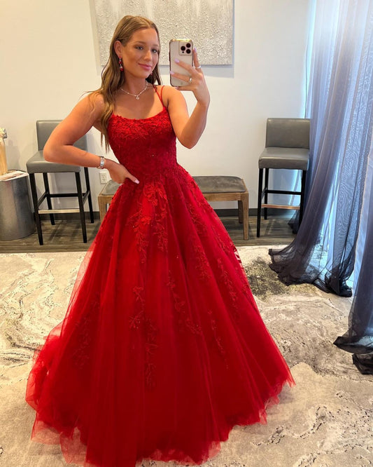 Amara | Romantic Red A-Line Tulle Spaghetti Straps Boat Neck Prom Dress with Lace JB120918