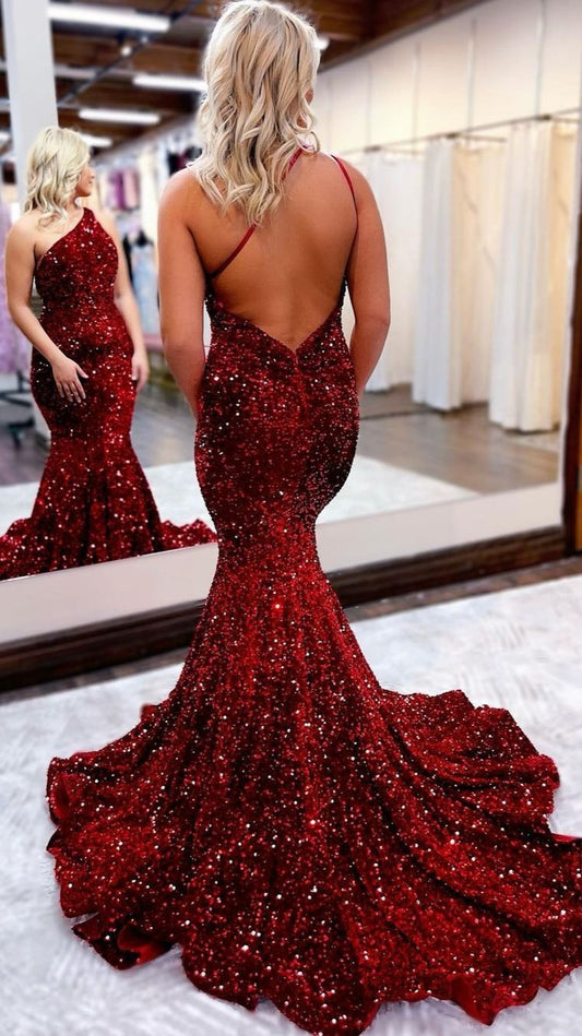 Jessica | One-Shoulder Mermaid Sequins Backless Prom Dress