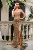 Aurelia | Romantic Gold Mermaid Satin Strapless Prom Dress with Slit and Beaded Detailing JB121218