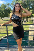 Cute Black Satin Bodycon One-Shoulder Short Homecoming Dress with Beading