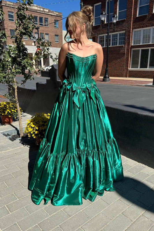 Cute A Line Strapless Dark Green Satin Prom Dresses