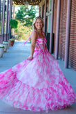 Cute A Line Sweetheart Pink Printed Chiffon Long Prom Dresses