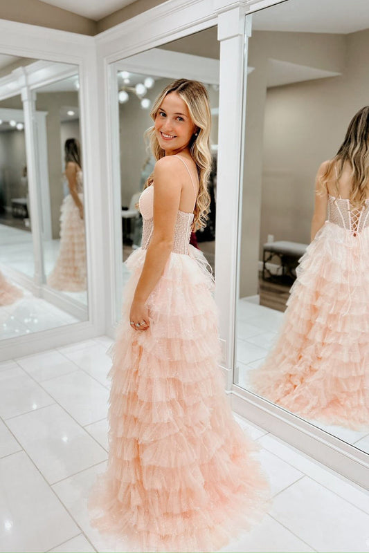 Cute A-Line Sweetheart Blush Sparkly Pink Tiered Tulle Long Prom Dress