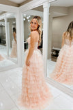 Cute A-Line Sweetheart Blush Sparkly Pink Tiered Tulle Long Prom Dress