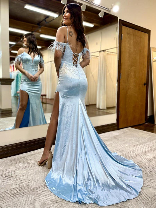 Blue Sparkling Feather V-Neck Long Prom Dress with Slit