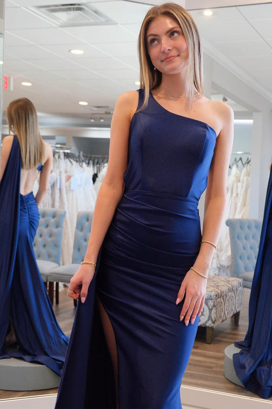 Navy Blue Satin One-Shoulder Mermaid Long Prom Dress