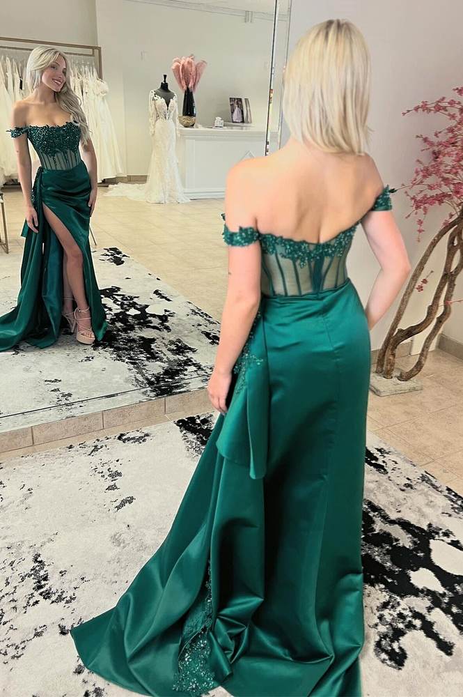 Elegant Off-the-Shoulder Green Satin Mermaid Prom Dress with Beading