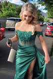 Elegant Off-the-Shoulder Green Satin Mermaid Prom Dress with Beading