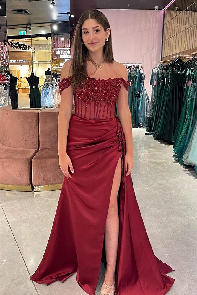 Elegant Off-the-Shoulder Green Satin Mermaid Prom Dress with Beading