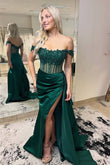 Elegant Off-the-Shoulder Green Satin Mermaid Prom Dress with Beading