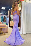 Cute Mermaid Lavender Sparkly Satin Lace-Up Long Prom Dress