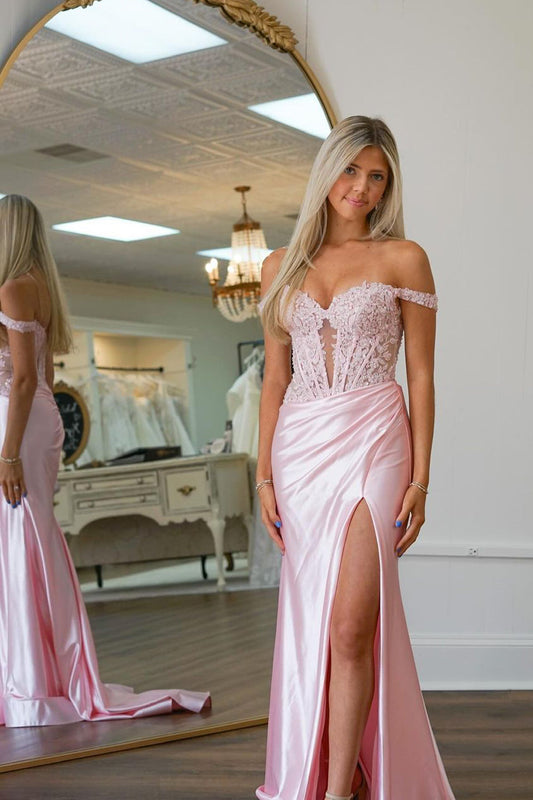 Eseld | Mermaid Sweetheart Pink Satin Long Prom Dress with Slit