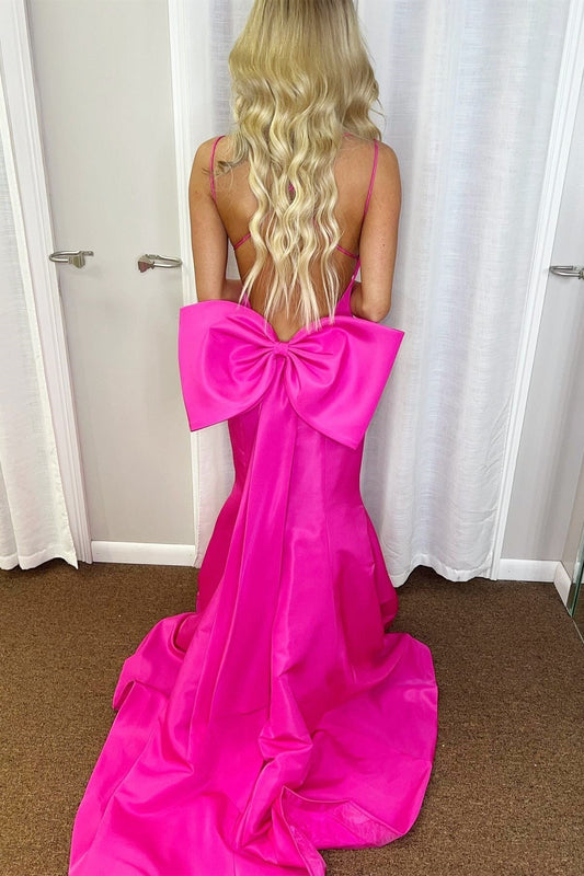 Charming Hot Pink V-Neck Bow-Back Trumpet Long Prom Gown