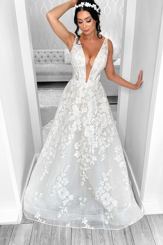 Sparkling A-Line Wedding Dress with V-Neck and Floral Appliques