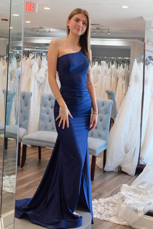 Navy Blue Satin One-Shoulder Mermaid Long Prom Dress