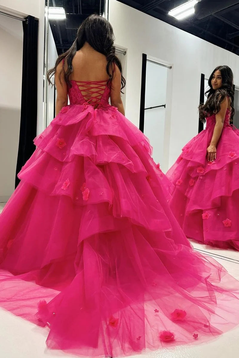 Serena | Elegant Hot Pink A-Line Tulle Illusion Neck Prom Dress with Appliques JB120326