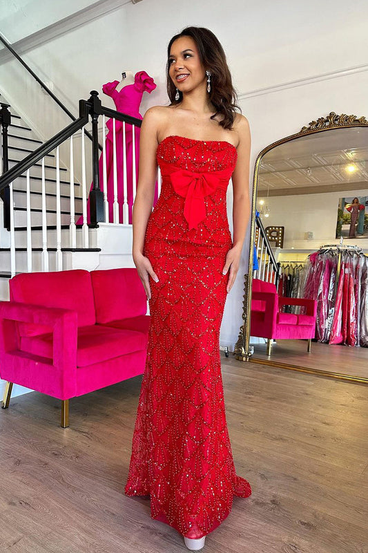 Charming Mermaid Strapless Red Sequins Lace Long Prom Dresses with Bow