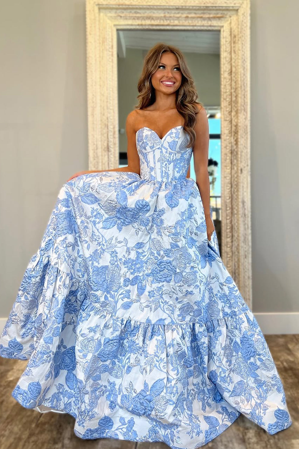 Elegance | Cute A-Line Sweetheart Light Blue Jacquard Satin Prom Dress