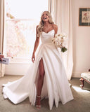 Gorgeous Ball Gown Sweetheart Neck Pleat Satin Long Bridal Dress with Slit