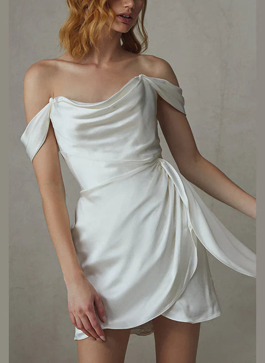 Elysia | Fairy Sheath Cowl Neck Silk Satin Short Wedding Dress