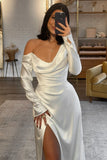Evangeline | Fairy Sheath One-Shoulder Silk Satin Long Wedding Dress with Slit