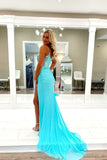 Charming Aqua Mermaid Scoop Neck Prom Dress with Sparkling Beading and Slit