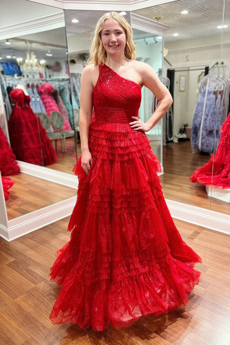 Sparkling Red One-Shoulder Ruffle Tulle A-Line Long Prom Dress