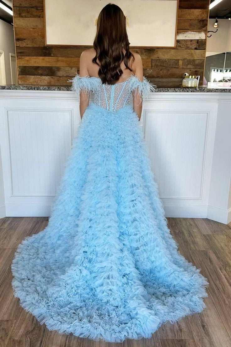 Astrid | A-Line Off-the-Shoulder Tiered Tulle Prom Dress with Slit