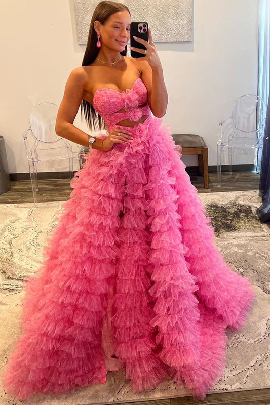 Reyna | Sweetheart Pink Ball Gown Prom Dress with Tiered Printed Tulle