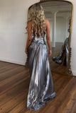 Selena | Sparkly A-Line Sweetheart Blue Pleat Satin Long Prom Dress with Slit