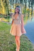 Cute Champagne A-Line Halter Tulle Short Homecoming Dress with Appliques