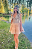 Cute Champagne A-Line Halter Tulle Short Homecoming Dress with Appliques