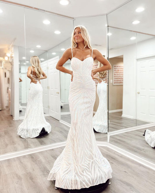 Elegant Mermaid V-Neck White Sequin Long Prom Dress