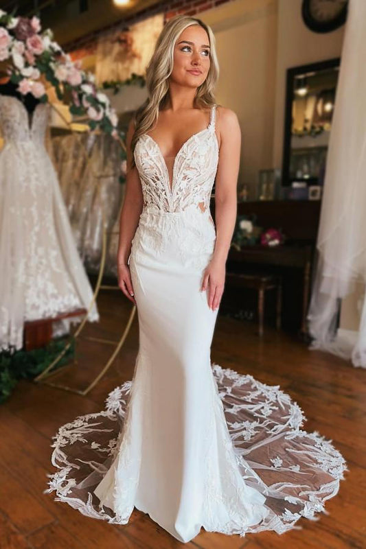 Ava | Elegant Mermaid V-Neck Satin Long Beach Wedding Dress with Lace