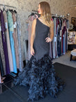 Glamorous Black One-Shoulder Tiered Sequin Mermaid Prom Dress