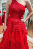 Sparkling Red One-Shoulder Ruffle Tulle A-Line Long Prom Dress