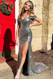 Silver Off-the-Shoulder Long Prom Dress with Sequins and Slit